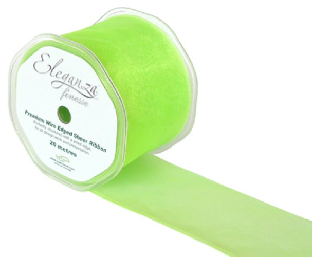 70mm x 20m Wired Chiffon Organza Ribbon - Lime Green