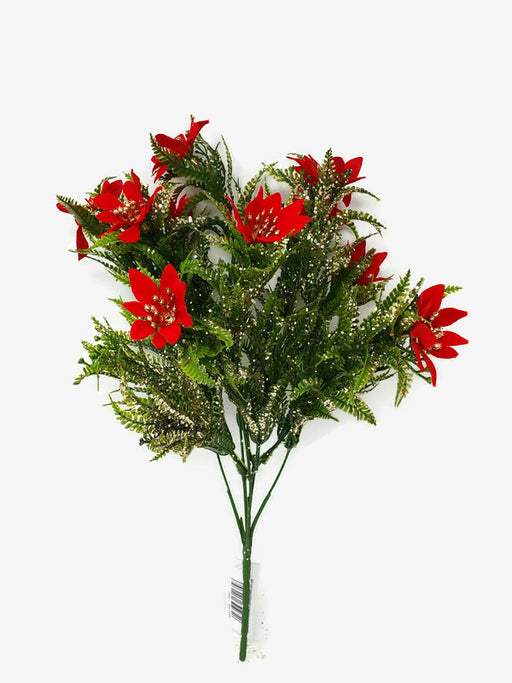 Mini Red Poinsettia , Gold Pine Cone & Glittered Fern Bush x 38cm