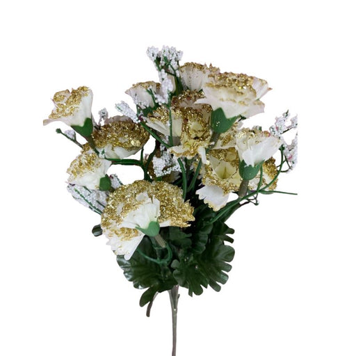 Mixed Head Glittered Carnation Bush x 33cm - Ivory