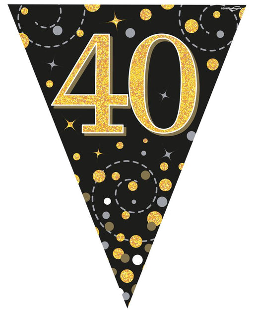 Party Bunting Sparkling Fizz Black & Gold Holographic - 11 flags - 3.9m - 40th