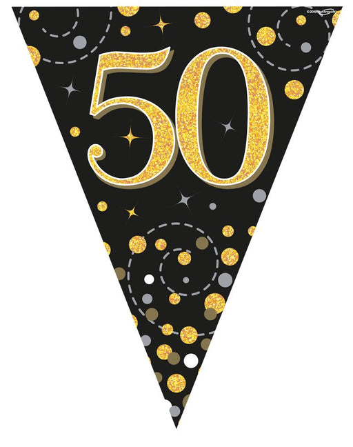 Party Bunting Sparkling Fizz Black & Gold Holographic - 11 flags - 3.9m - 50th