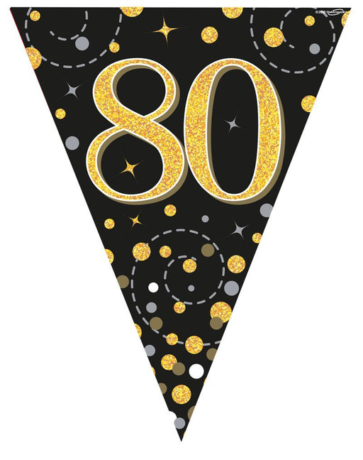 Party Bunting Sparkling Fizz Black & Gold Holographic - 11 flags - 3.9m - 80th