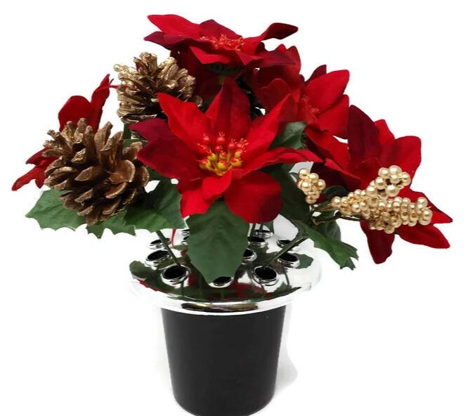 Poinsettia, Berry & Pine Cone Cemetery Pot - Red & Gold