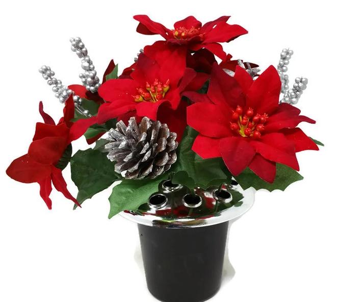 Poinsettia, Berry & Pine Cone Cemetery Pot - Red & Silver