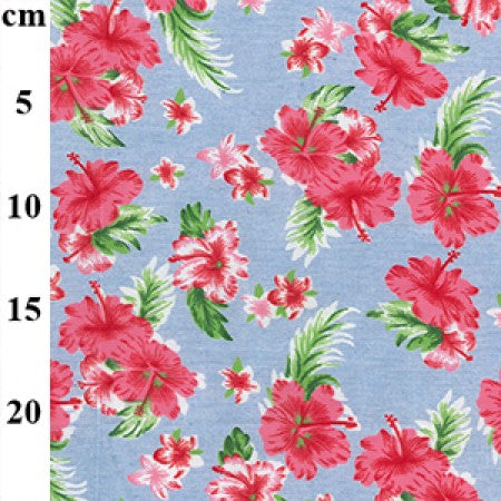 Pink Hibiscus Light Denim 100% Cotton Fabric x 147cm