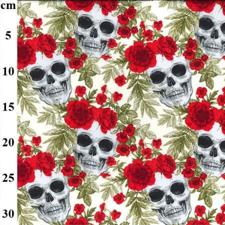 100% Cotton Poplin Skull and Red Rose Chic x 112cm / 44"width s763