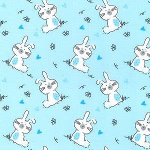 1 Metre Polycotton Blue Bunny Rabbit Fabric 110cm Width