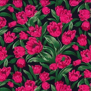 1 Metre 100% Cotton Poplin Fabric x 110cm - Cerise Tulips on Navy Background P0785