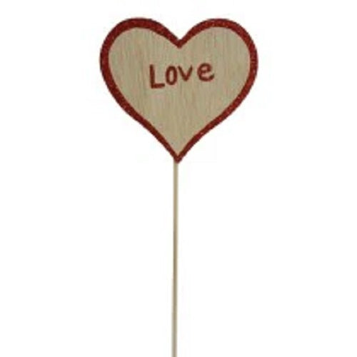 Single Wooden Heart on a Stick - Red Glitter Love