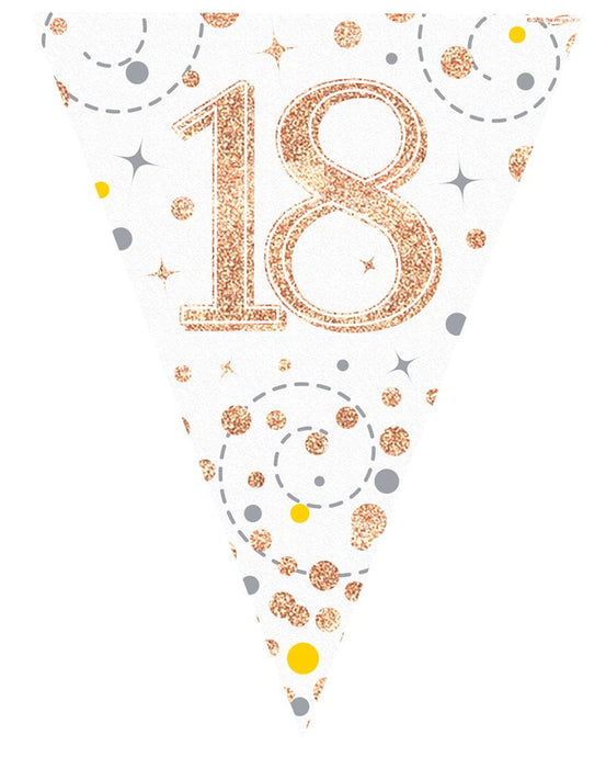 Party Bunting x 3.9m - Holographic Dot - 11 flags - White & Rose Gold - 18th