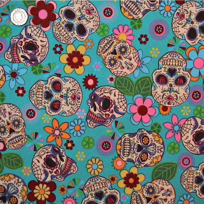 1 Metre 100% Cotton Poplin Fabric x 112cm / 44" -  Turquoise  Floral Skull - T312