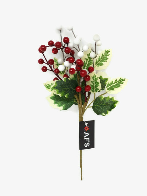 Variegated Holly with Red & White Berries Pick x 30cm