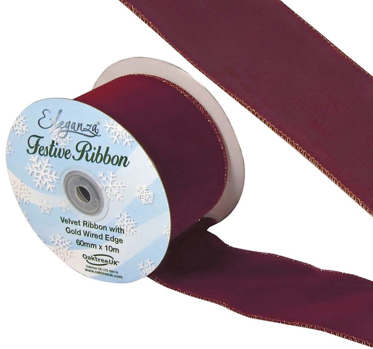 60mm x 10m Burgundy Velvet Ribbon with Gold Wired Edge