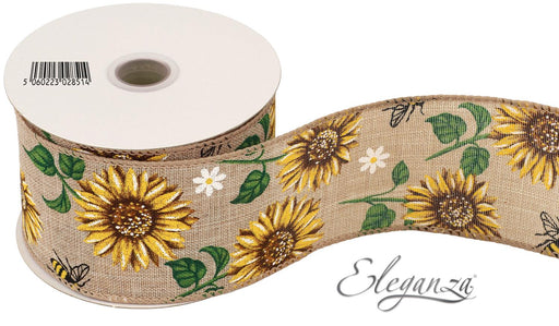 Wired Edge Ribbon Natural 63mm x 9.1m - Sunflower & Bee