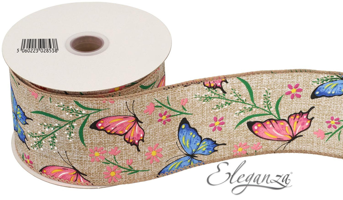 Wired Edge Ribbon Pink & Blue Butterflies Natural 63mm x 9.1m