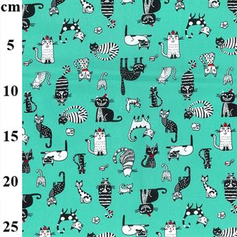 1 Metre 100% Cotton Fabric x 112cm / 44" - Crazy Cats - aqua Green