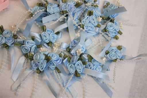 Satin Ribbon Bow with 3 Rose Cluster and Beads x 20 Baby Blue