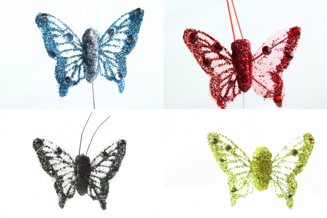 24 Mini ( 4 Cm ) Wired Glitter Butterflies 
