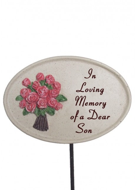 Oval Memorial Stick With Roses - Son