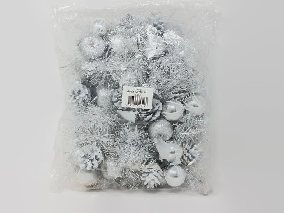 Glittered Silver and White Apple & Pine Cone Pick x 12