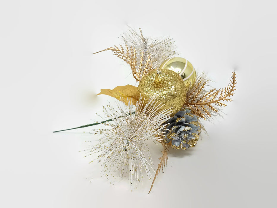 Glittered Gold and White Apple & Pine Cone Pick x 20cm