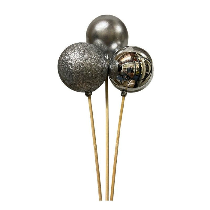 6 Bauble Picks on Wooden Stick - Silver