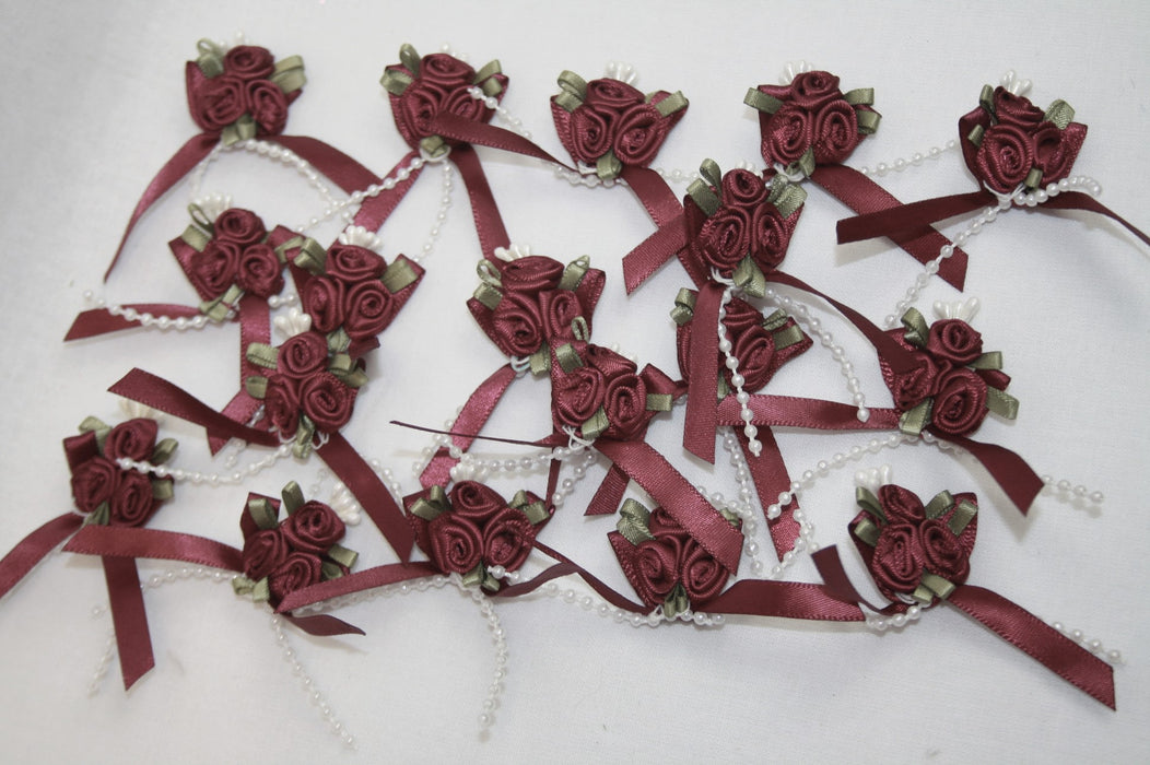 Satin Ribbon Bow with 3 Rose Cluster and Beads x 20 Burgundy