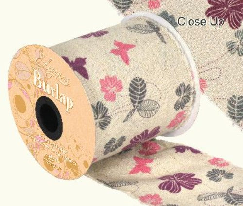 Roll of Burlap Frayed Edge Contemporary Floral 100mm x 10metre
