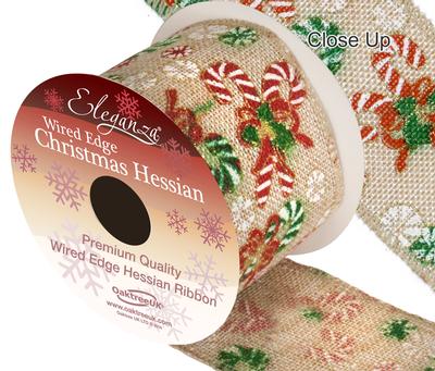 Natural Hessian Wired Edge Christmas Ribbon - 63 mm x 10 yards - Candy Cane