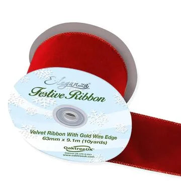 Velvet Ribbon with Wired Edge Red 100mm x 10m