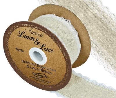 Linen and White Lace Stitched Edge Ribbon Roll - Pattern No.355 - 38mm x 5yds 