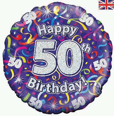 Purple Foil Balloon 18" - Happy 50th Birthday - Holographic Streamers
