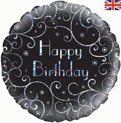 18" Happy Birthday Black Swirls Balloon