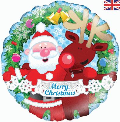 18" Foil Balloon - Merry Christmas - Santa & Rudolf Image