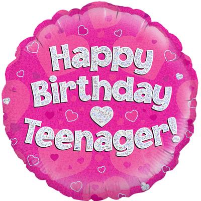 18" Foil Balloon - Pink Happy Birthday Teenager Holographic