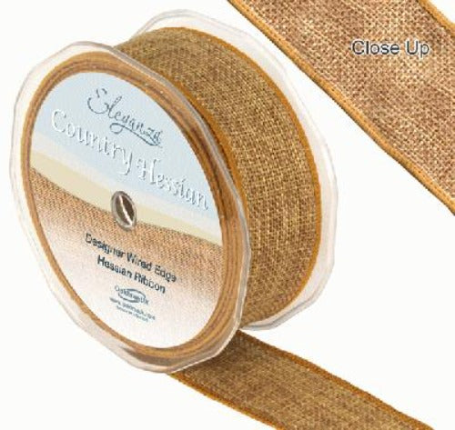 38mm x 10m Wired Edge Country Hessian Ribbon Roll - Natural Tan