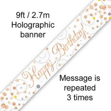 Happy Birthday Banner Sparkling White & Rose Gold