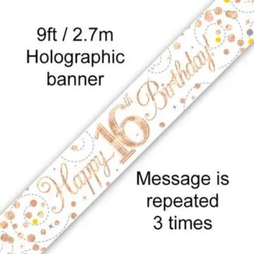 Happy Birthday Banner Sparkling White & Rose Gold -16th