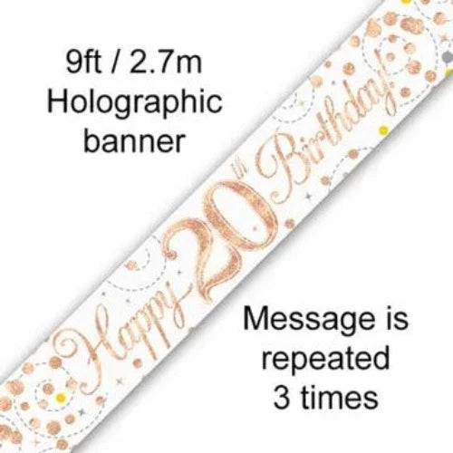 Happy Birthday Banner Sparkling White & Rose Gold -20th