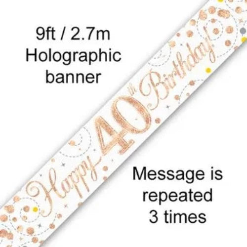 Happy Birthday Banner Sparkling White & Rose Gold - 40th