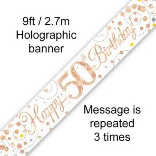 Happy Birthday Banner Sparkling White & Rose Gold - 50th