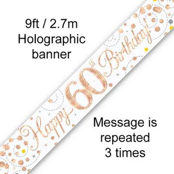 Happy Birthday Banner Sparkling White & Rose Gold - 60th