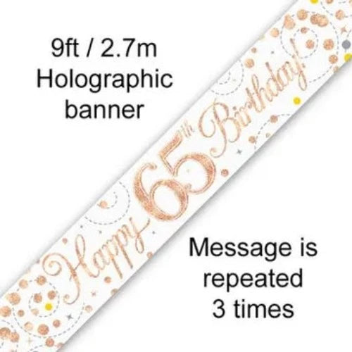 Happy Birthday Banner Sparkling White & Rose Gold - 65th