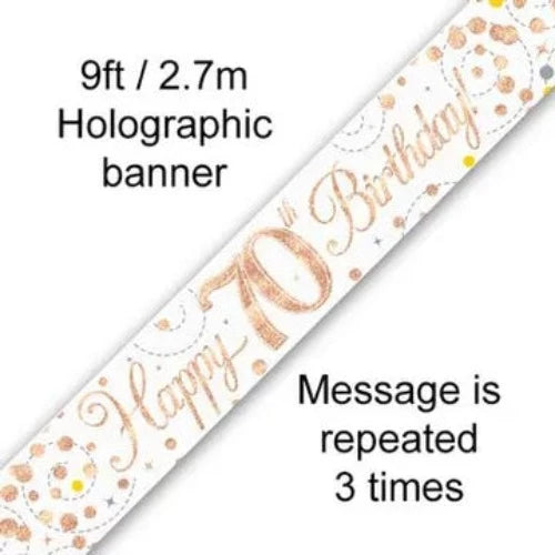Happy Birthday Banner Sparkling White & Rose Gold - 70th