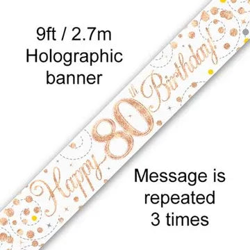 Happy Birthday Banner Sparkling White & Rose Gold - 80th