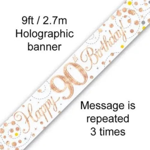 Happy Birthday Banner Sparkling White & Rose Gold - 90th