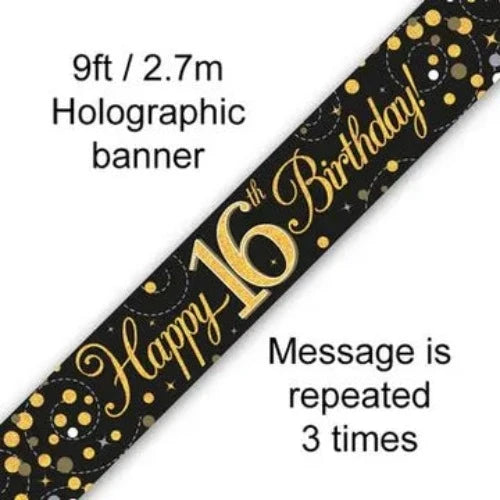 <div style="text-align: center;">Holographic foil banner</div> <div style="text-align: center;">Sparkling Black &amp; Gold design</div> <div style="text-align: center;">Instant decoration for&nbsp;windows, tables and walls</div> <div style="text-align: center;">Length 2.7m / 9ft approx</div> <div style="text-align: center;">Message is repeated 3 times</div>9ft Banner Sparkling Fizz 16th Birthday Black & Gold Holographic