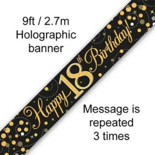 9ft Banner Sparkling Fizz 18th Birthday Black & Gold Holographic