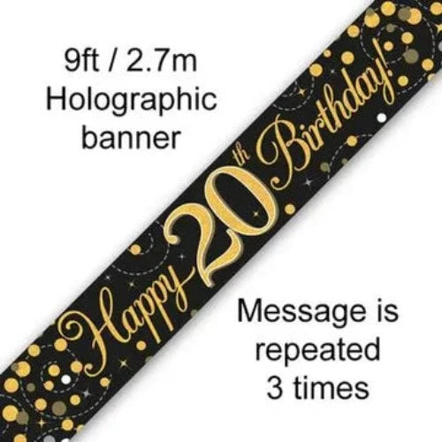 9ft Banner Sparkling Fizz 20th Birthday Black & Gold Holographic