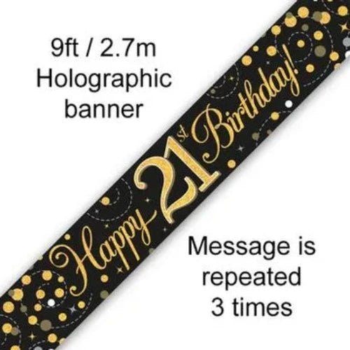 9ft Banner Sparkling Fizz 21st Birthday Black & Gold Holographic